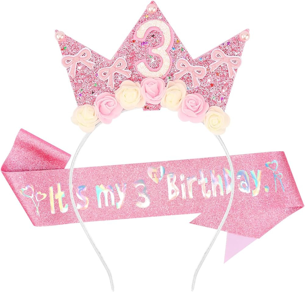 SuPoo 3rd Birthday Headband and Sash Flower 3rd Birthday Decorations for Girl Pink Bow Crown for ... | Amazon (US)