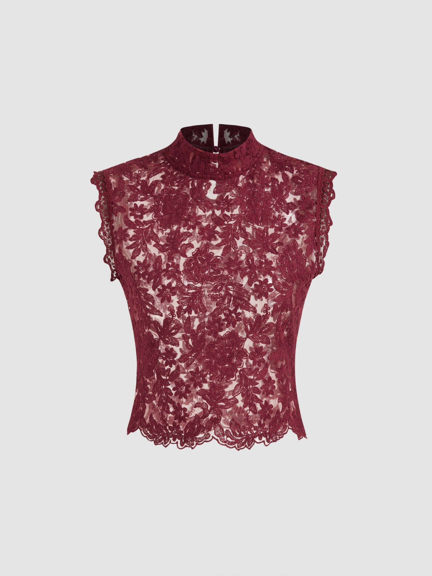 Lace Mandarin Collar Floral See-through Tank Top | Cider