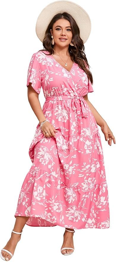 KOJOOIN Women Plus Size V Neck Wrap Maxi Dress Short Sleeves High Waist Ruffle Summer Casual Dres... | Amazon (US)