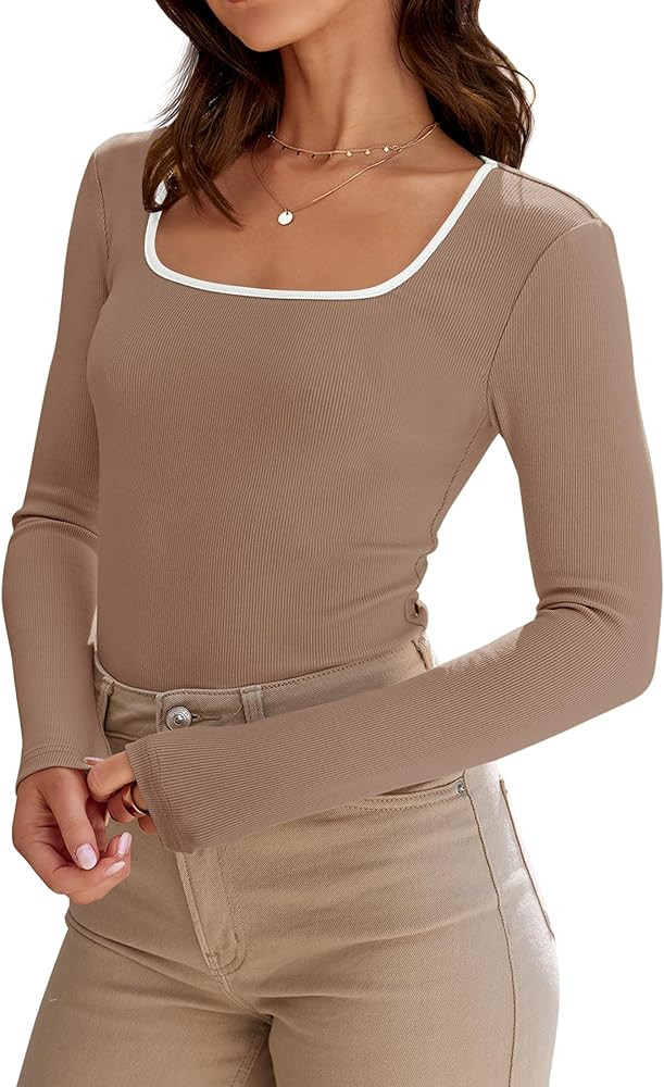 ZESICA Women's Long Sleeve Square Neck Shirts 2024 Fall Knit Tops Slim Fitted Casual Basic Tee | Amazon (US)