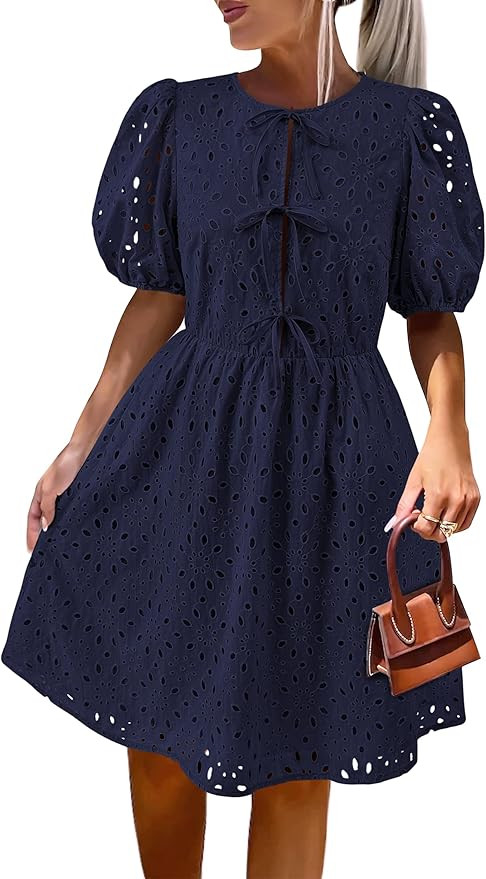 KIRUNDO Womens Boho Summer Dresses 2025 Puff Sleeve Eyelet Tie Front Hollow Out Lace Cotton Beach... | Amazon (US)