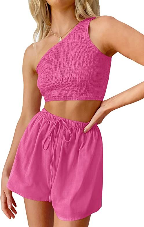 ZESICA Women's Summer Casual 2 Piece Outfits One Shoulder Smocked Crop Top and High Waist Shorts ... | Amazon (US)