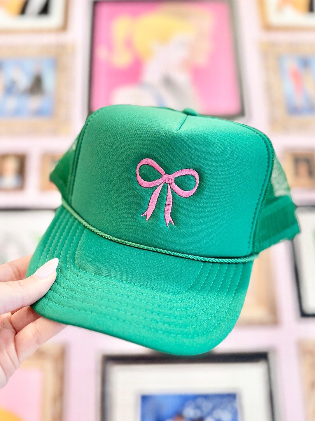 Embroidered Kelly Green and Pink Bow Trucker Hat, Bow Hat, Green and Pink Bow Baseball Hat, Bow D... | Etsy (US)