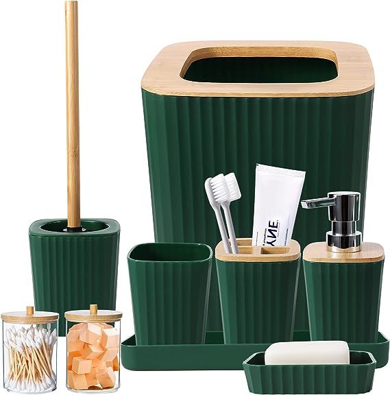 Bathroom Accessories Sets Complete, 9-Piece Dark Green Bathroom Accessories with Trash Can, Vanit... | Amazon (US)