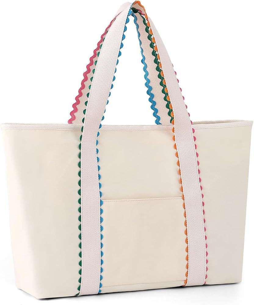 Canvas Tote Bag for Women, Rainbow Rick Rack Trim Handbag, Large Shoulder Tote with Pocket, Perfe... | Amazon (US)