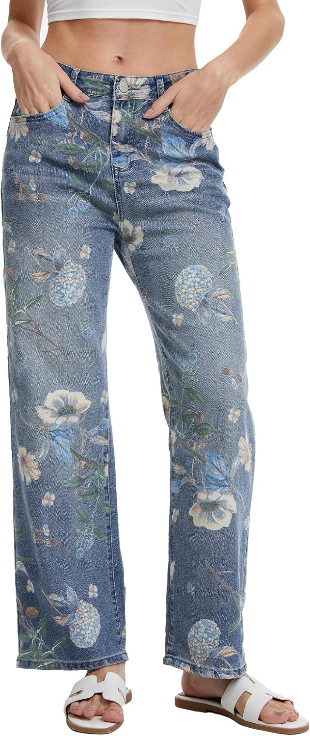 Vintage Floral Jeans for Women 90s High Rise Wide Leg Casual Stretchy Denim Pants Trendy Pantalones De Mujer | Amazon (US)