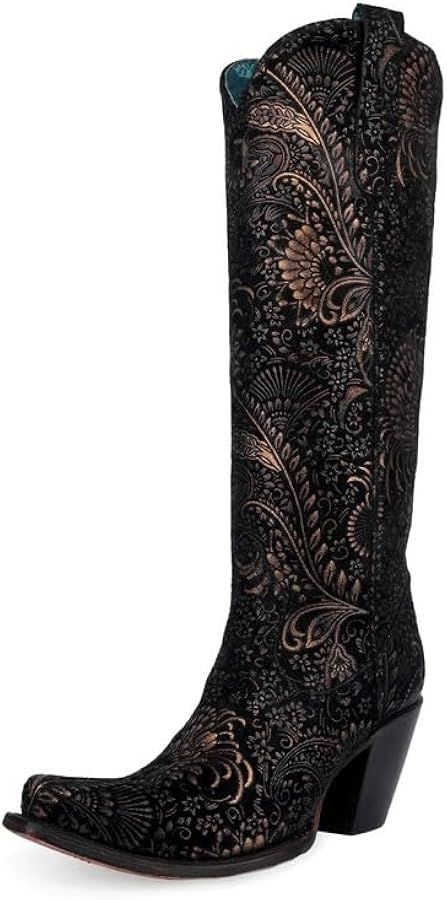 CORRAL LADIE'S BLACK/GOLADIE'S STAMPED FLORAL SUEDE TALL TOP, CORRAL LARGE 65X35 SOLE,COWHIDE LEA... | Amazon (US)