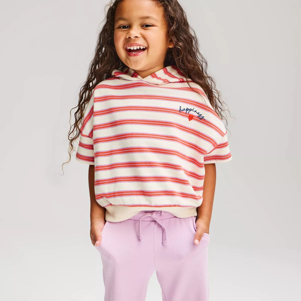 Toddler Girls' Short Sleeve Striped Happiness Hooded Sweatshirt - Cat & Jack™ White 2T | Target
