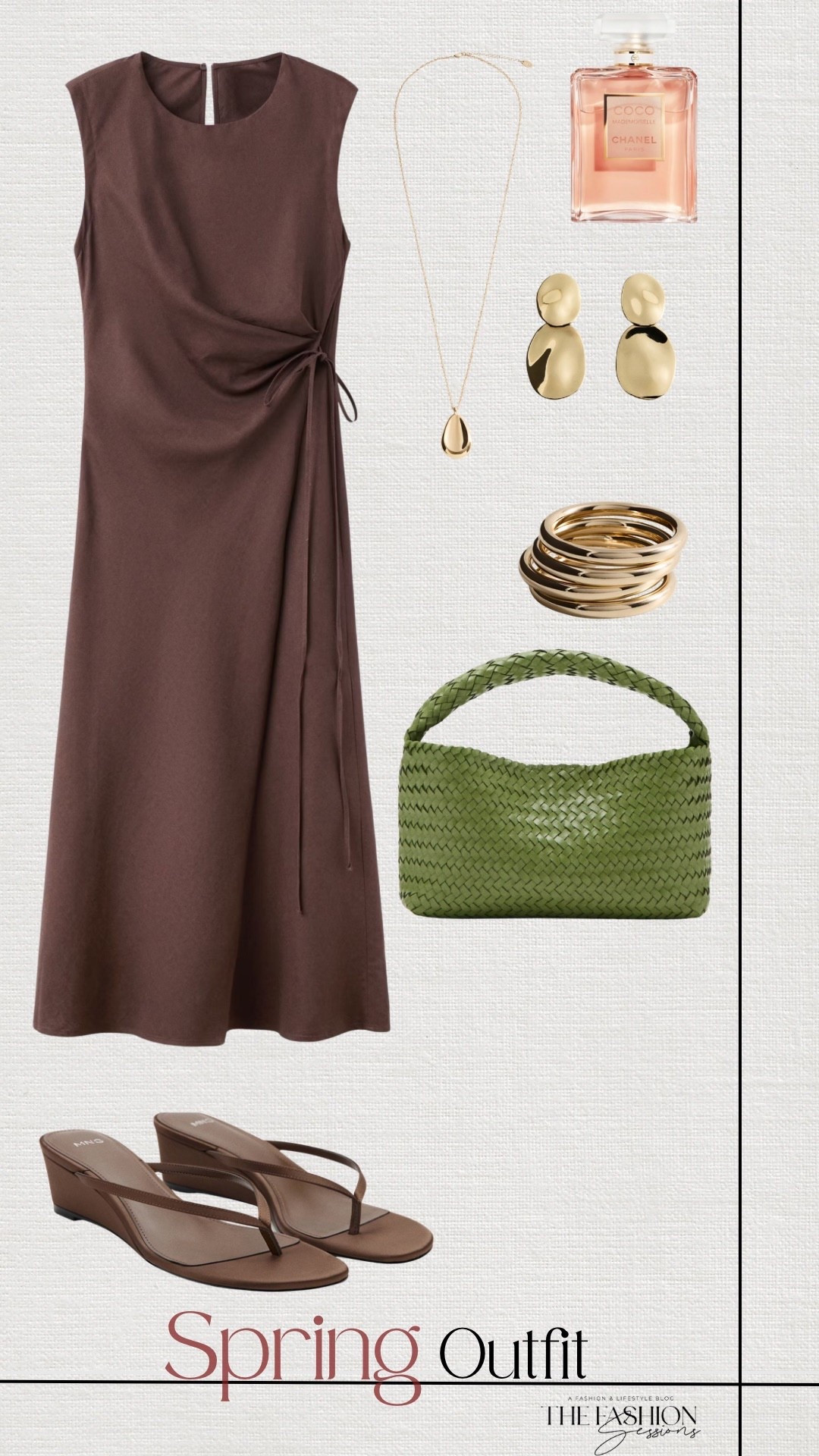 Spring Outfit | Brown Dress | Brown Wedge Sandals | Green Woven Bag | Gold Jewelry 

#LTKootd #LTKSeasonal