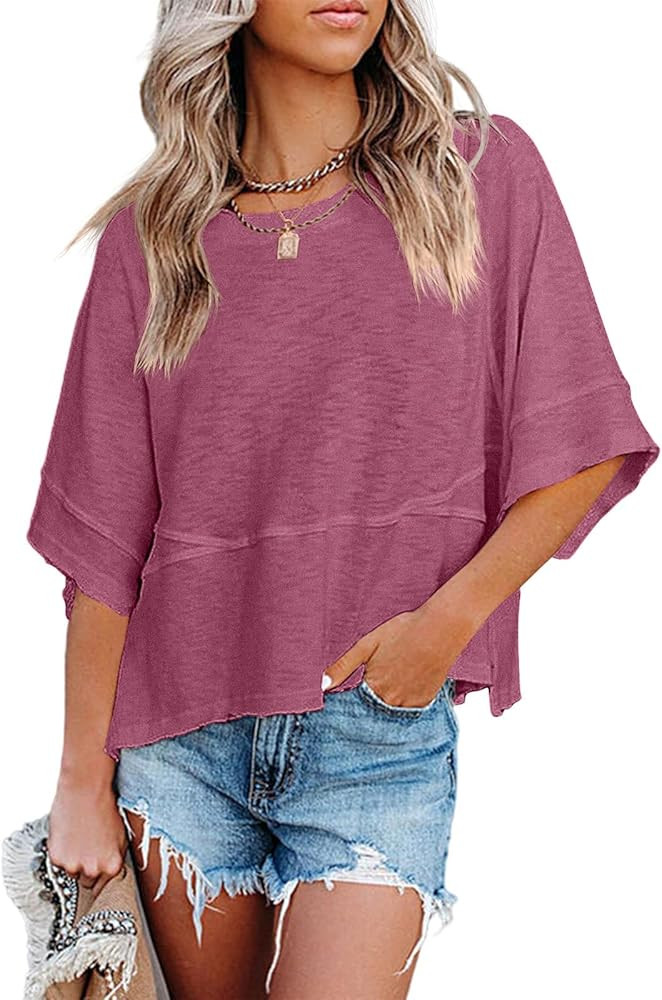 Women's Summer Casual Crewneck Batwing Half Sleeve T-Shirts Solid Color Loose Fit Cute Basic Flow... | Amazon (US)