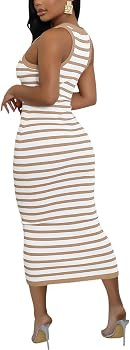 Women's Casual Ribbed Sleeveless Striped Slim Fit Bodycon Pencil Midi Tank Dress for Summer | Amazon (US)