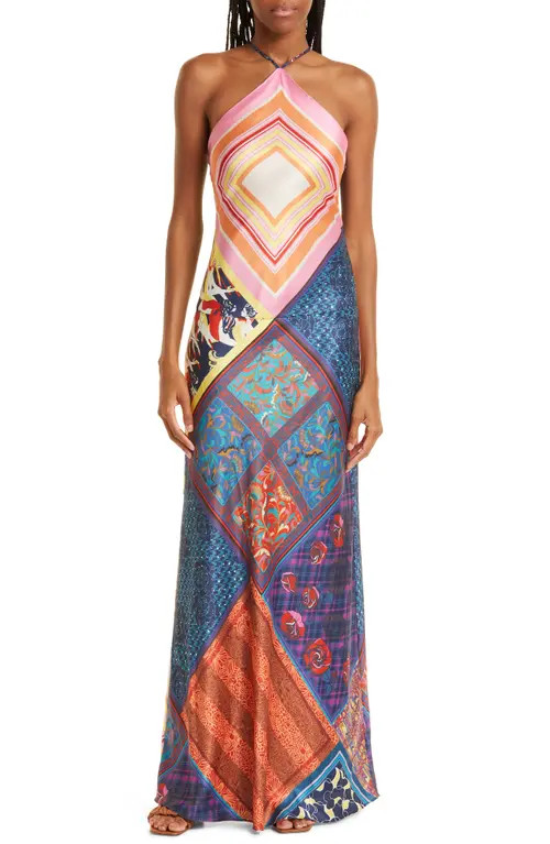 STAUD Cubism Mix Print Satin Maxi Dress in Patchwork Foulard at Nordstrom, Size Small | Nordstrom