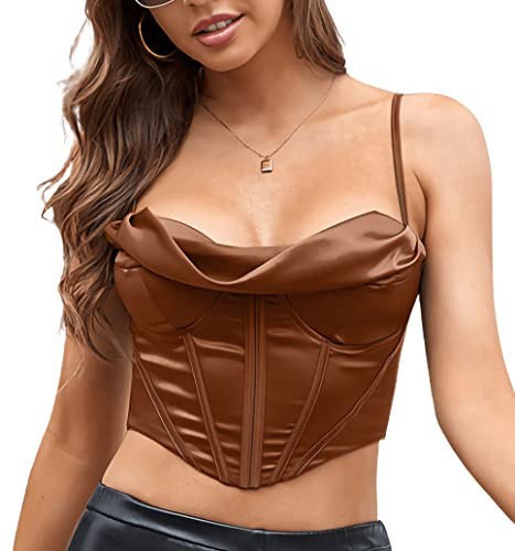YONABTF Womens Corset Top Sexy Going Out Crop Tops Y2k Cute Boned Straps Backless Bustier Bra Brown S | Amazon (US)
