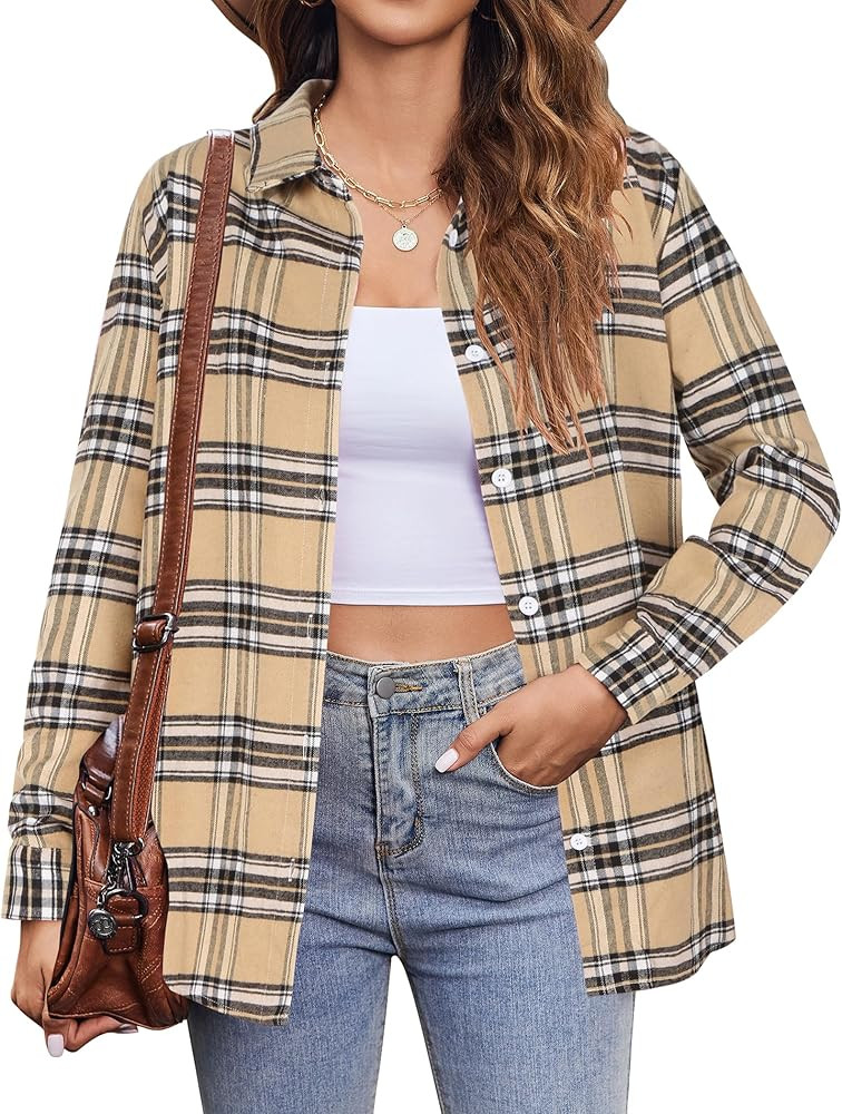 Zeagoo Flannel Shirt Women Button Down Long Sleeve Plaid Shirts Collared 2024 Casual Work Tops S-... | Amazon (US)