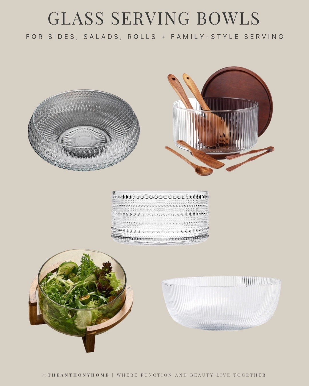 Glass serving bowls for salads, fruit, pasta salad, green salads, rolls, layered desserts, sides, vegetables, and simple everyday serving. Clear glass serving bowls are so versatile because they work with almost any tablescape, from casual family dinners to holiday meals. They’re especially pretty for colorful food, fresh salads, citrus, berries, and dishes where the ingredients are part of the presentation.

#LTKHome #LTKfoodie