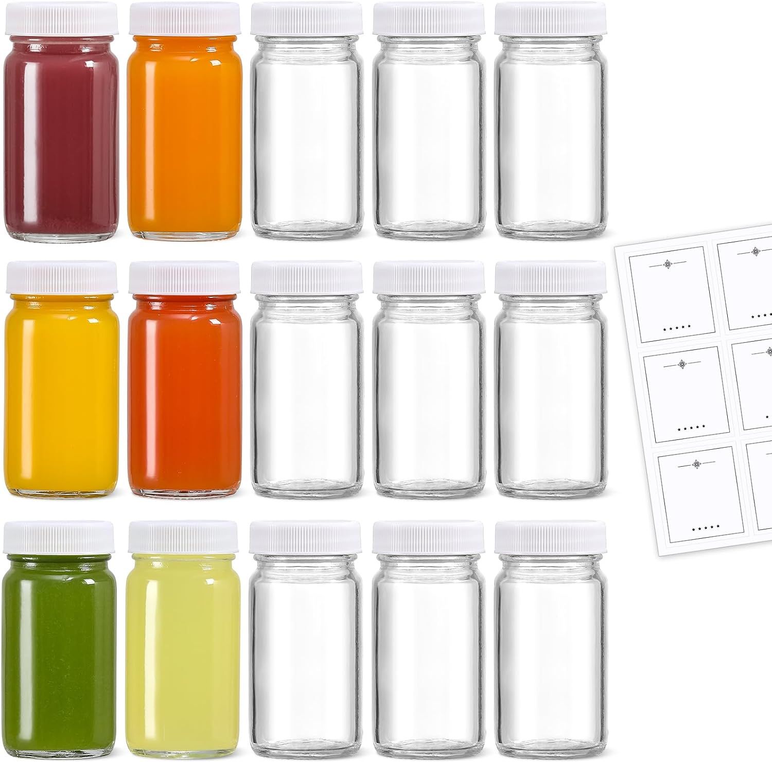 15 Pack 2 oz Glass Shot Bottles w/ White Lids & 15 Labels - Small Clear Jar for Ginger, Wellness ... | Amazon (US)