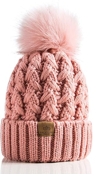 PAGE ONE Womens Winter Ribbed Beanie Crossed Cap Chunky Cable Knit Pompom Soft Warm Hat | Amazon (US)