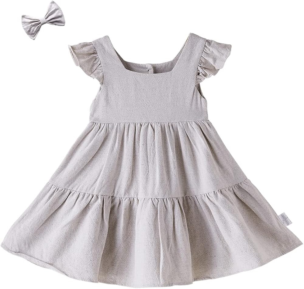 ANATA Baby Girls Linen Dress Flower Girl Ruffle Dresses Kids Birthday Party Outfits | Amazon (US)