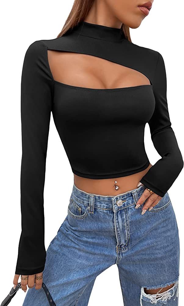 SHENHE Women's Cut Out Mock Neck Long Sleeve Slim Fit Cropped T Shirt Crop Tops | Amazon (US)