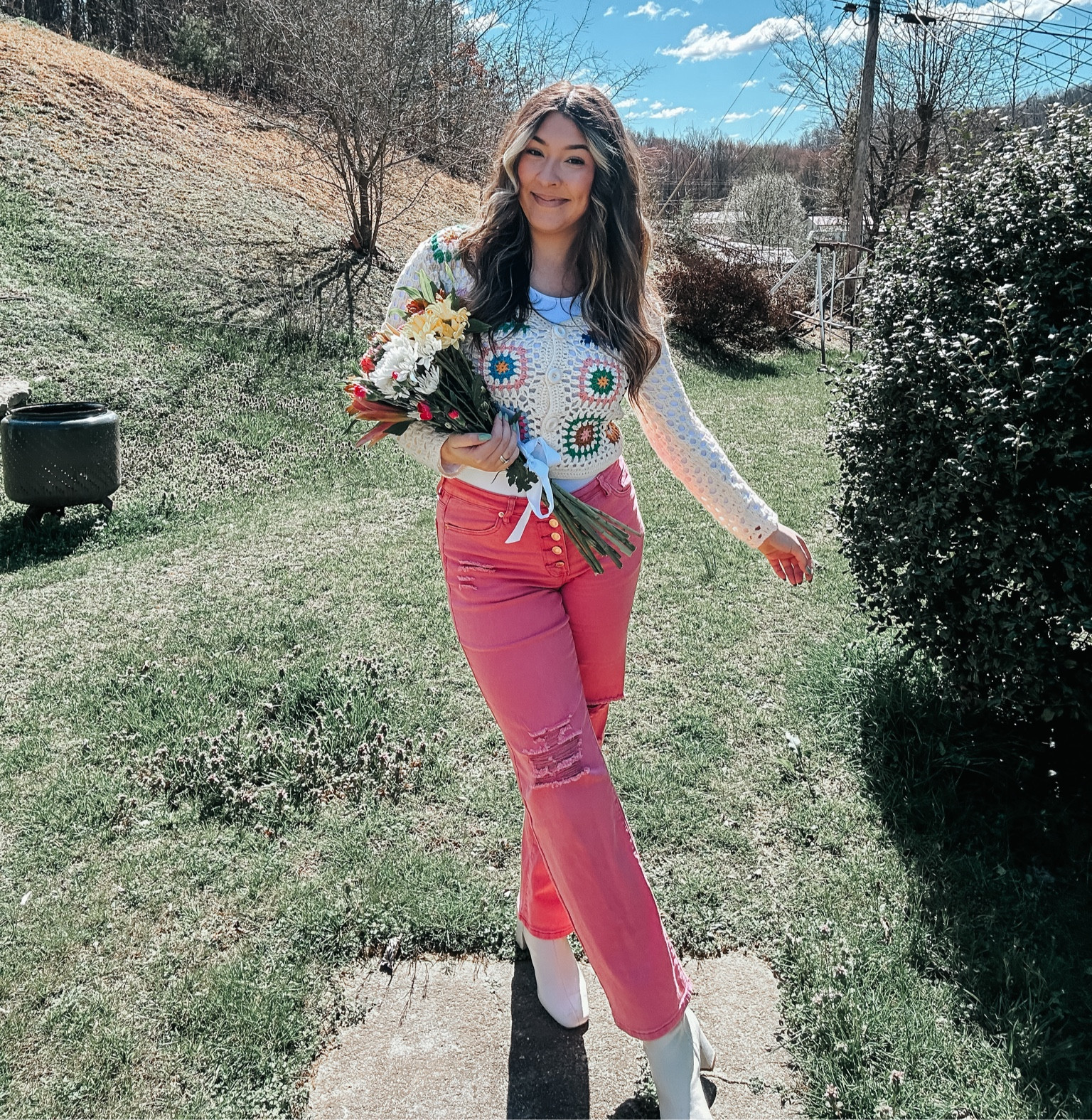 Spring outfit idea, ootd, spring crochet sweater, crochet pattern, vibrant colors, vibrant jeans, distressed denim 

#LTKSpringSale #LTKfindsunder100 #LTKstyletip