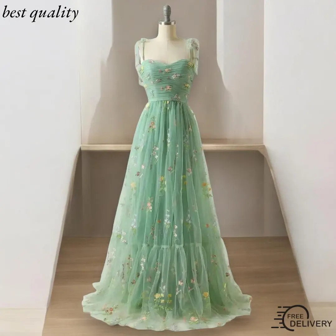 Vintage Floral Embroidered Dress, Green Tulle A-line Maxi Dress, Ruched Bodice, Romantic Summer W... | Etsy (US)
