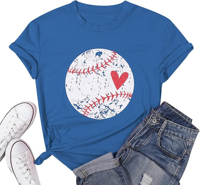 Baseball Shirt Women Baseball Heart Tee Shirts Baseball Mom Tshirt Game Day Casual Crew Neck Shor... | Amazon (US)