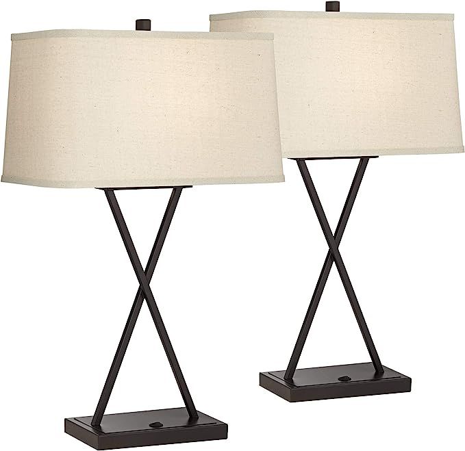 Megan Modern Table Lamps Set of 2 with Hotel Style USB Charging Port LED Bronze Metal Rectangular... | Amazon (US)