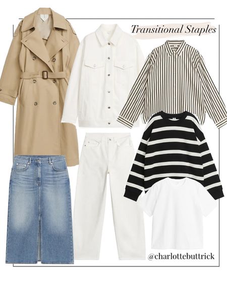 Transitional wardrobe essentials for your fall capsule wardrobe from Arket 

Trench coat - striped jumper - denim midi skirt - white denim jacket - white jeans - white t-shirt - poplin shirt 

#LTKSeasonal #LTKeurope #LTKunder100