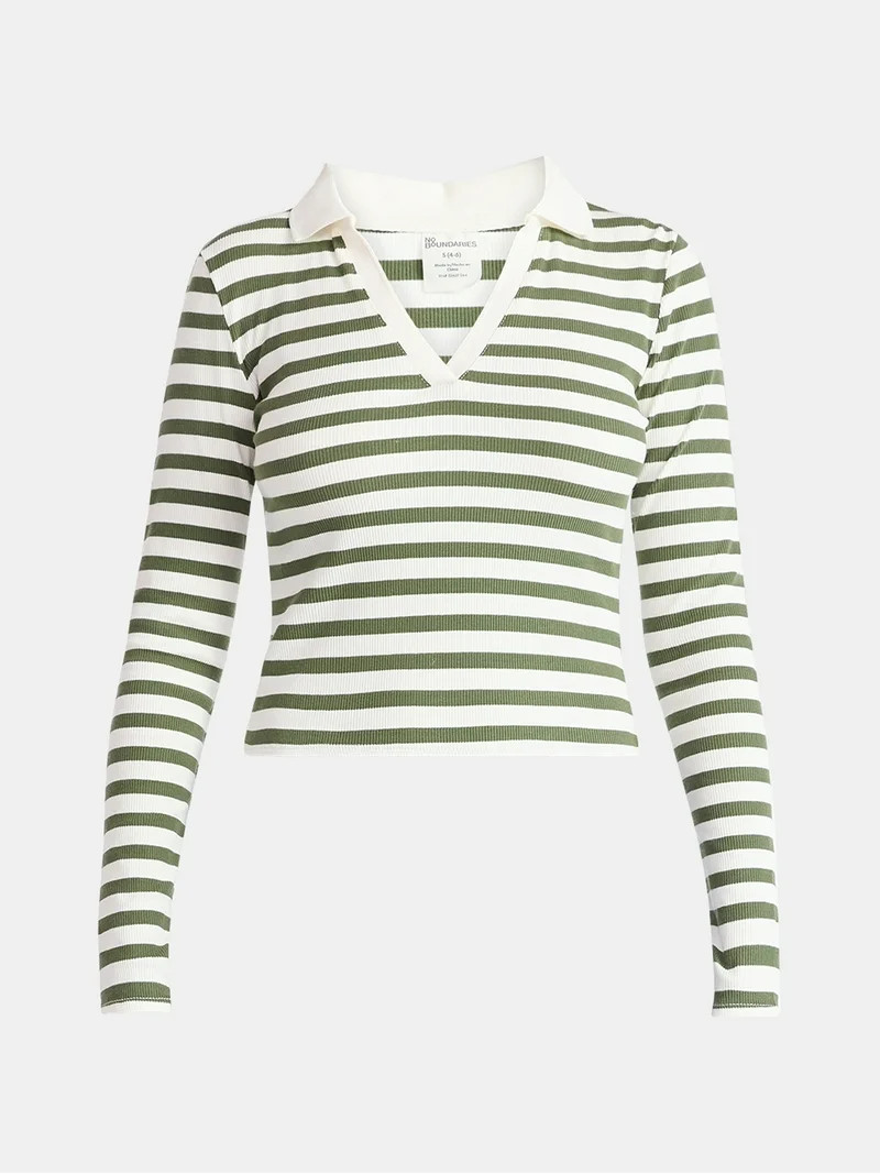 No Boundaries Johnny Collar Tee with Long Sleeves, Women's | Walmart (US)