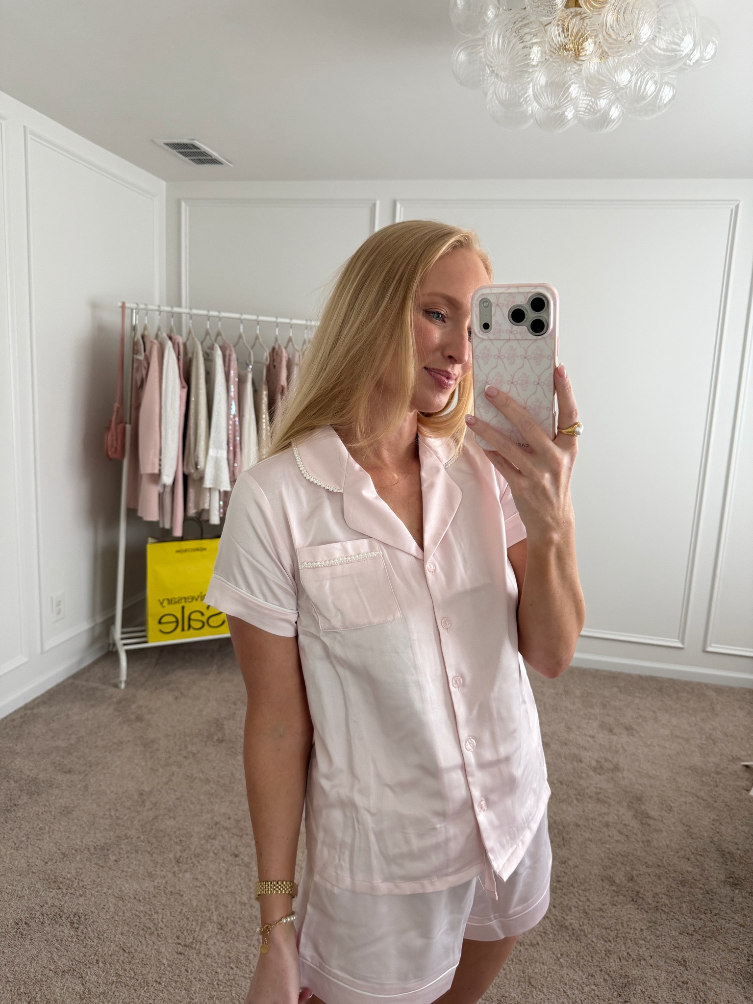 These silk pajamas are so pretty with a pearl trim on the top! Wearing a size small wi to my pink uggs 😍 

Nordstrom anniversary Sale pajamas //

#LTKSaleAlert
