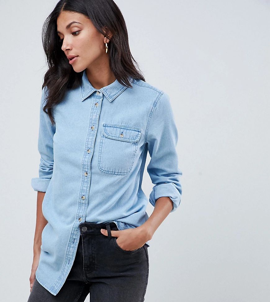 ASOS DESIGN Tall denim shirt with pocket in midwash blue | ASOS (Global)