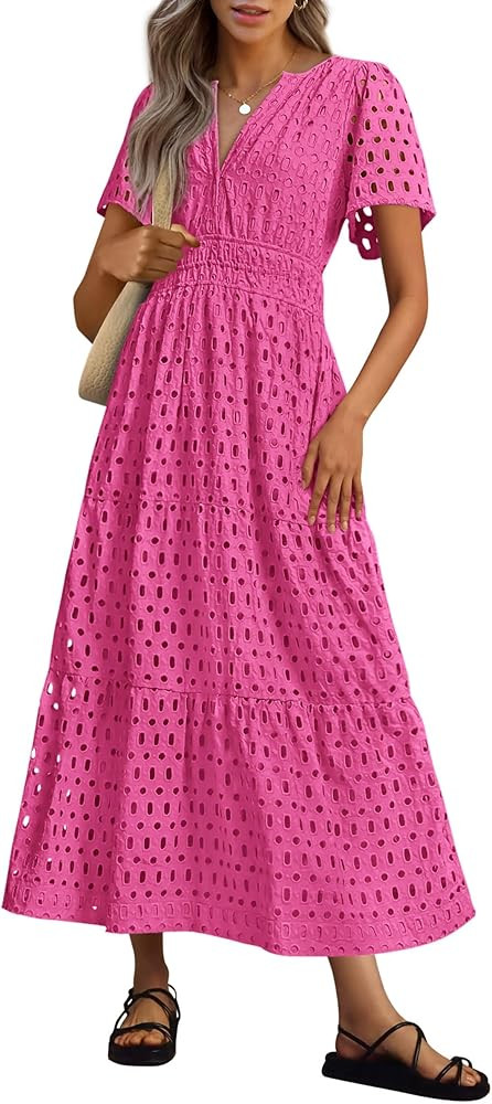 PRETTYGARDEN Womens 2025 Summer Maxi Dress Short Sleeve V Neck Hollow Out Eyelet A Line Long Flow... | Amazon (US)