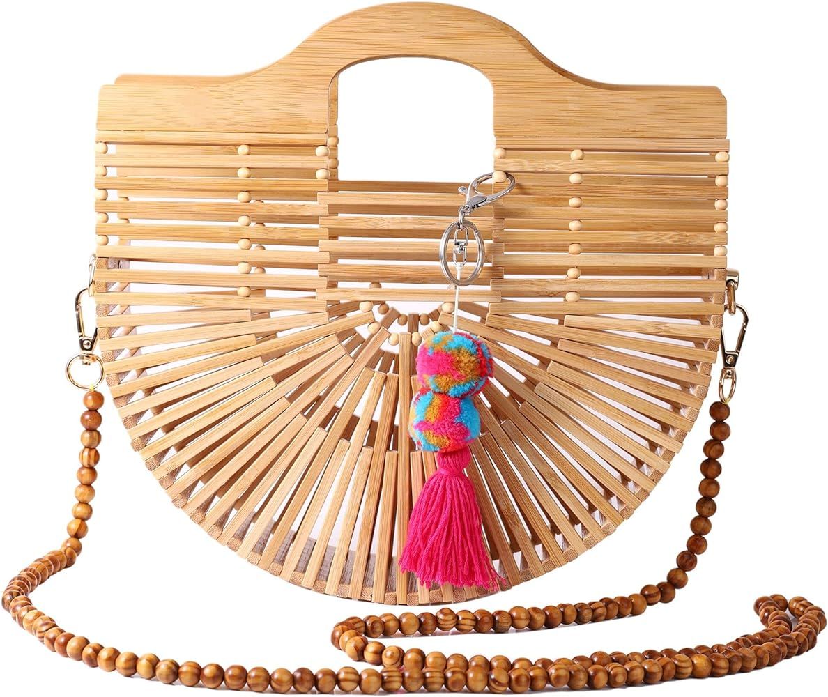 GLVOOI Beach Purse Beach Bag Bamboo Handbag Straw Bag Bamboo Purse Straw Beach Bag Shoulder Bag for  | Amazon (US)