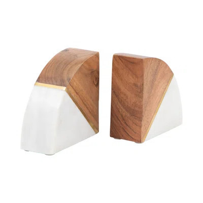 Marble, Set Of 2 5" Bookends With Wood And Brass Detail, | Wayfair Professional