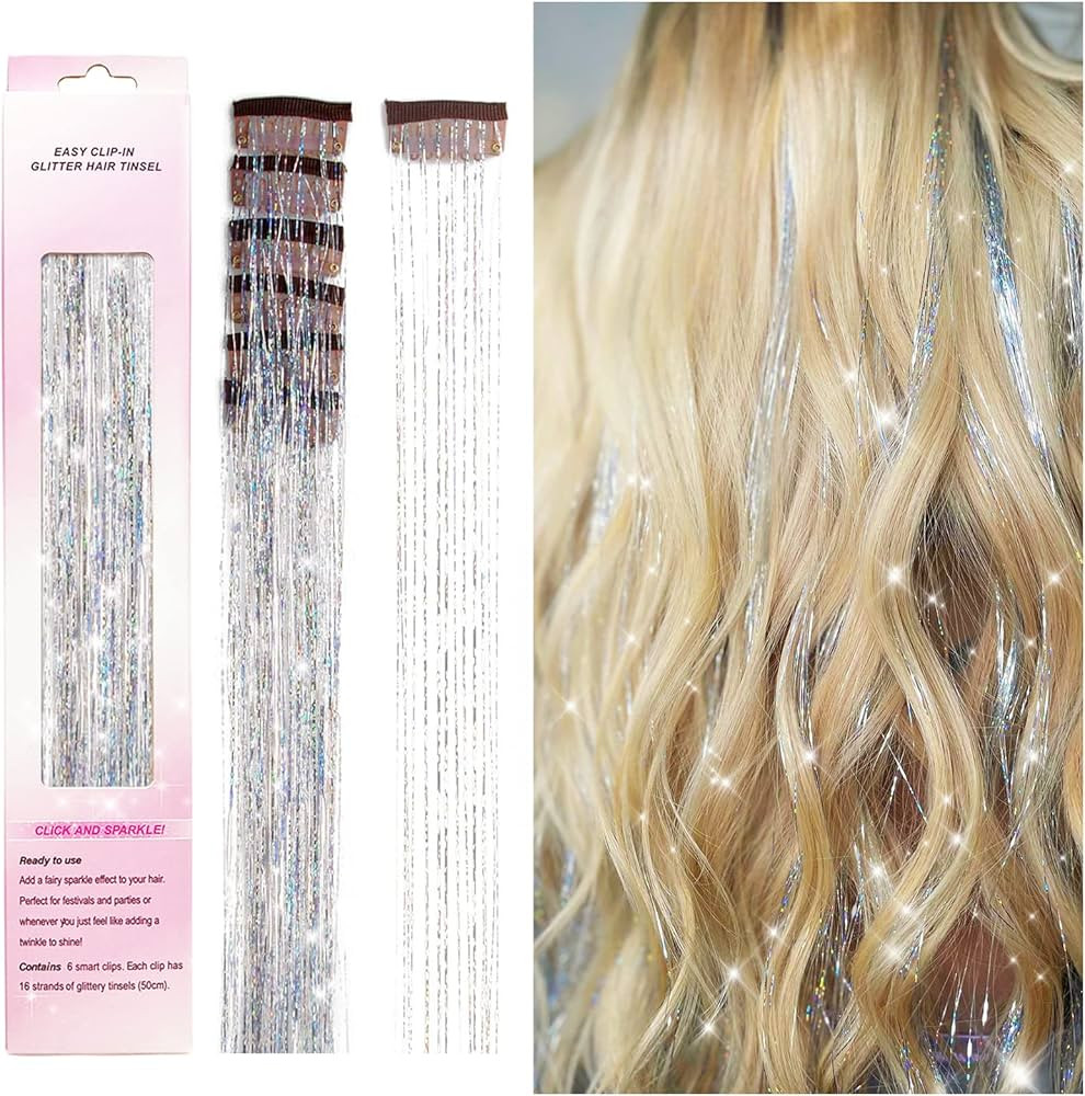 Clip in Hair Tinsel, POROLIR 6Pcs Glitter Fairy Tinsel Hair Extensions 20 Inch Shiny Hair Tinsel ... | Amazon (US)