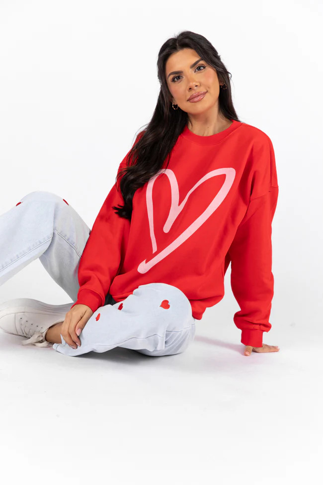 Heart Sketch Red Oversized Graphic Sweatshirt | Pink Lily