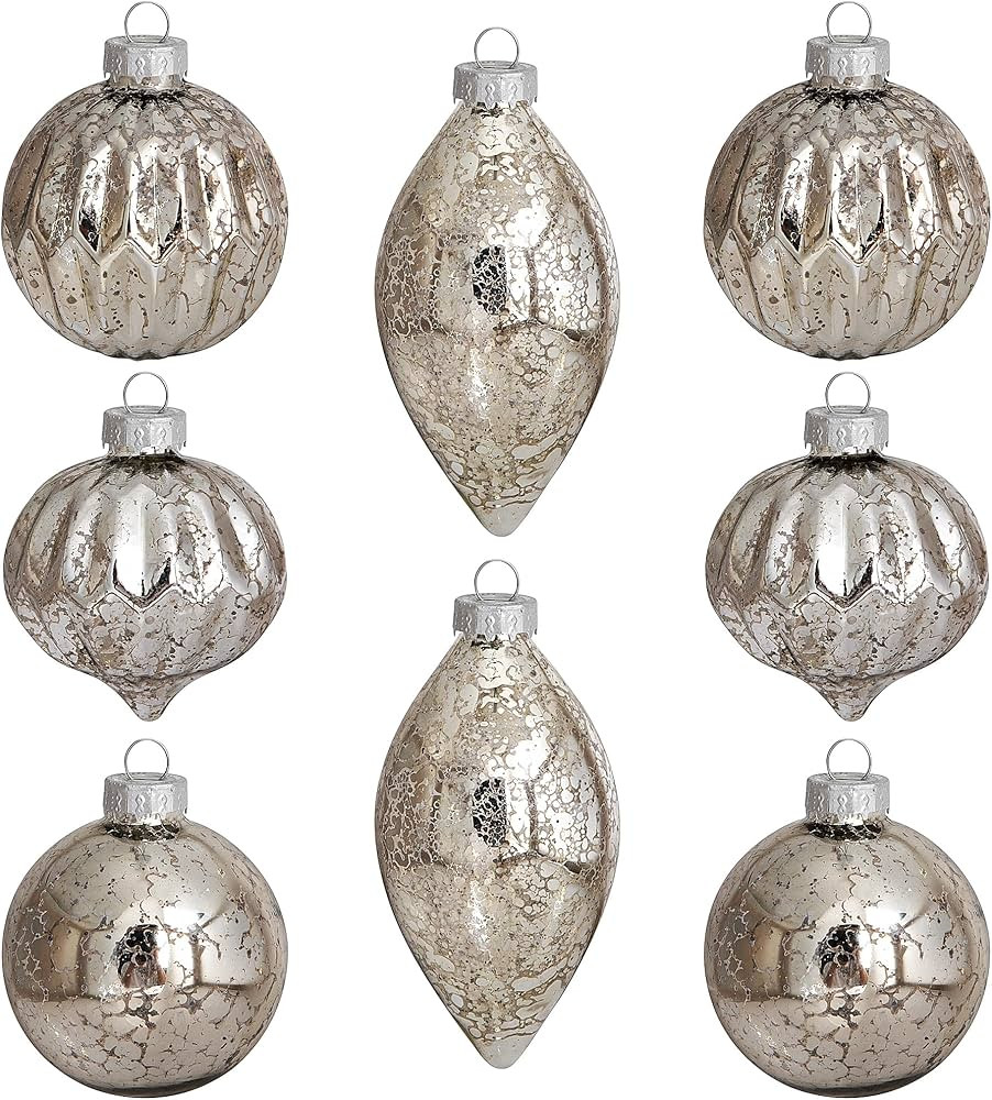 8 Pcs Mercury Glass Christmas Hanging Ornaments- Silver Christmas Balls Finials Glass Ornaments f... | Amazon (US)