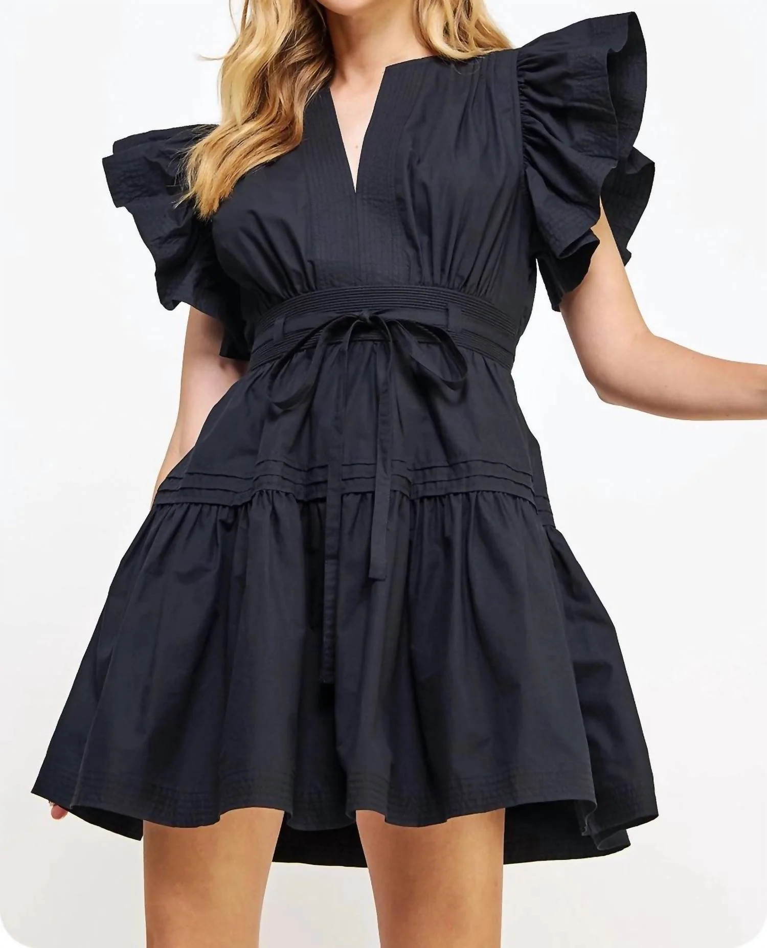 Flutter Sleeve Poplin Mini Dress In Black | Shop Simon