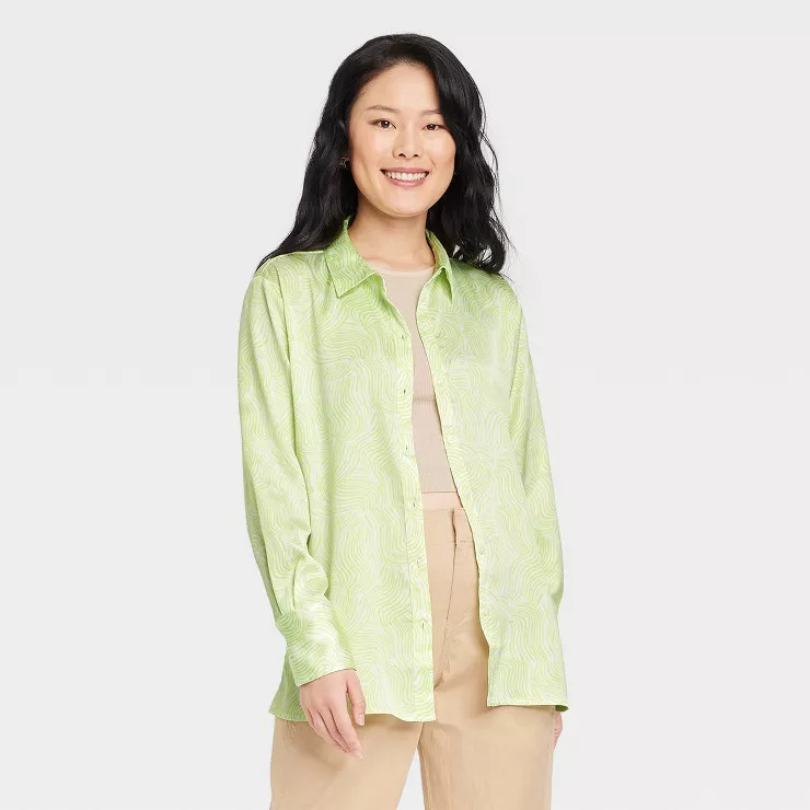 Women's Long Sleeve Oversized Satin Button-Down Shirt - A New Day™ | Target