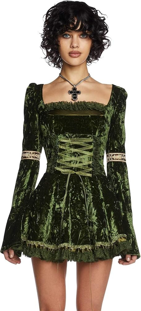 Dolls Kill Myths N' Legends Mini Dress by Current Mood – Green Velour Dress with Lace-Up Front ... | Amazon (US)