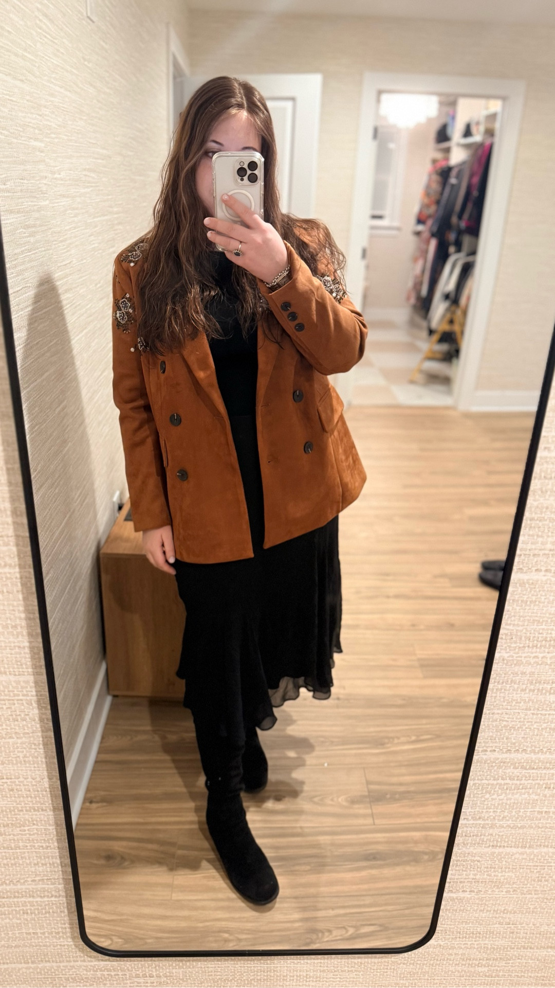 Size large in both the skirt and faux suede embellished jacket. 