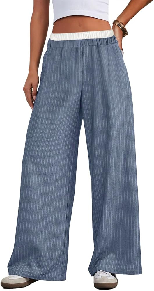 Lesore Womens Striped Color Block High Elastic Waist Wide Leg Pants Trousers Long Straight Suit P... | Amazon (US)