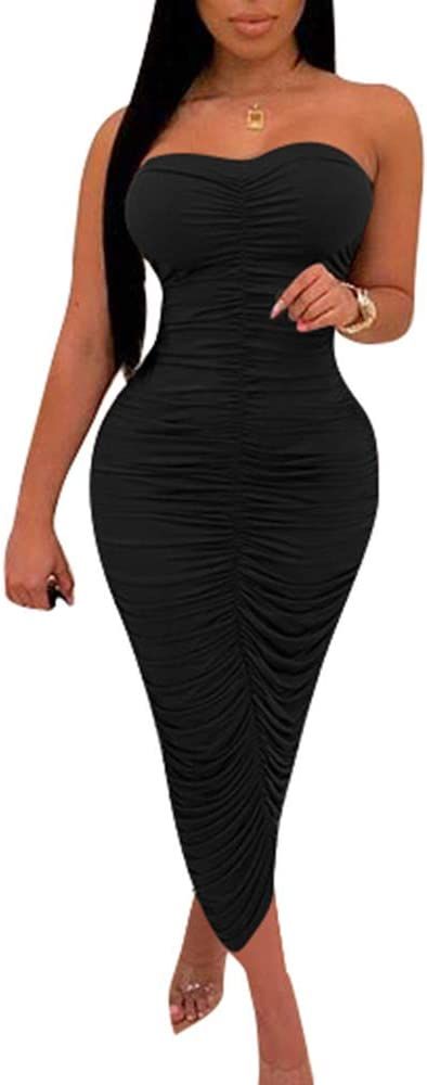 BEAGIMEG Women's Sexy Ruched Strapless Bodycon Tube Maxi Long Club Dress | Amazon (US)