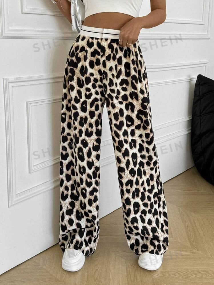 SHEIN EZwear Color Block Leopard Print Loose Wide Leg Pants With High Waist | SHEIN