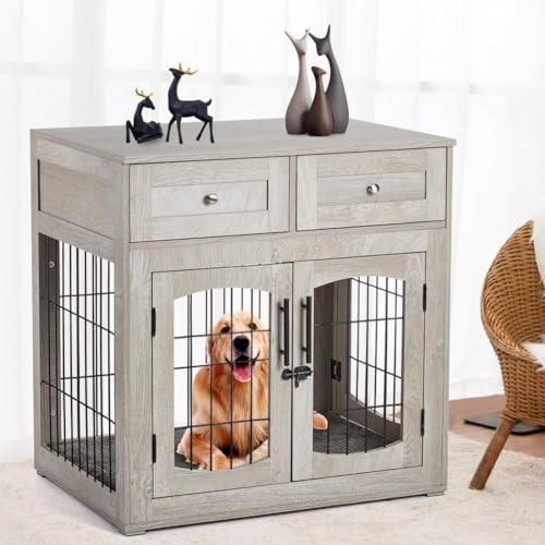 Multi-Functional Dog Crate Furniture with Storage Drawers, 39.4" Large Wooden Dog Kennel Table, Indoor Dog Cage with Cushion, End Table Design, Modern Dog Crate with Drawers | Amazon (US)