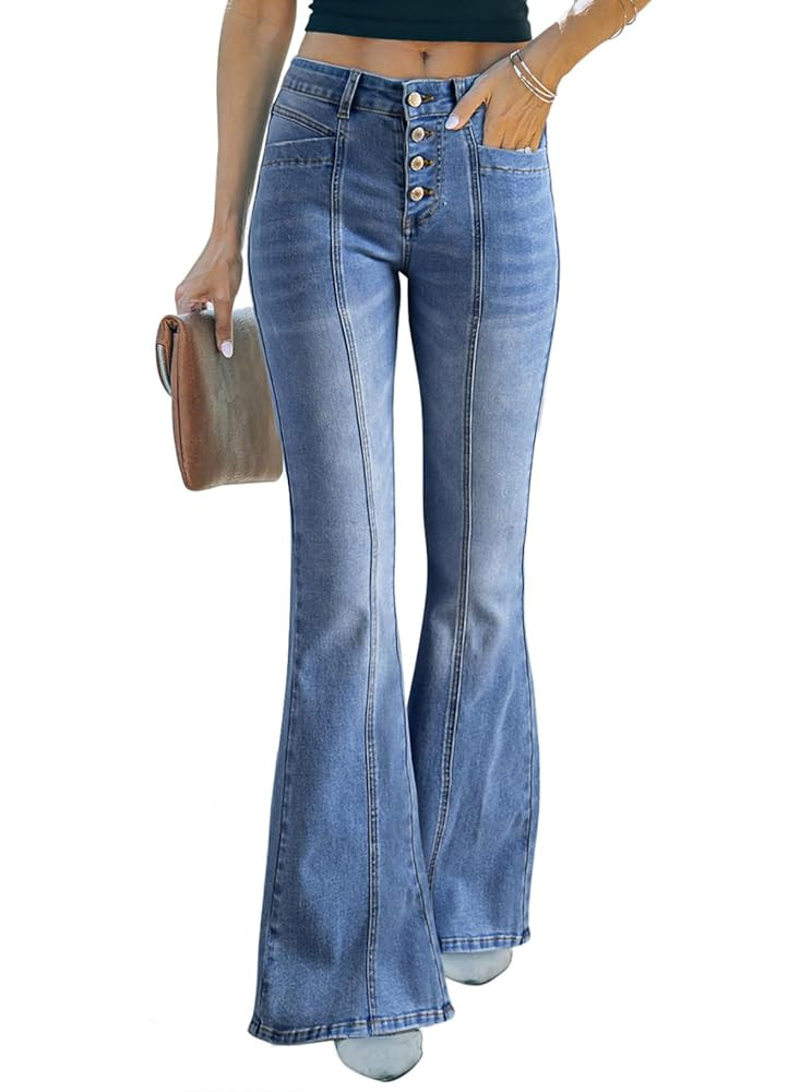 Sidefeel Women's High Waisted Jeans Wide Leg Button Fly Bell Bottoms Flared Zimbaplatinum Denim P... | Amazon (US)