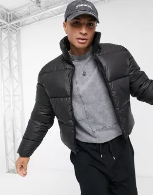 ASOS DESIGN waxed cropped puffer jacket in black | ASOS (Global)