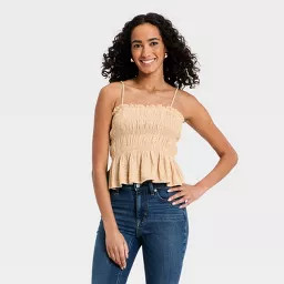 Women's Lace Smocked Square Neck Blouse - Universal Thread™ Tan S | Target