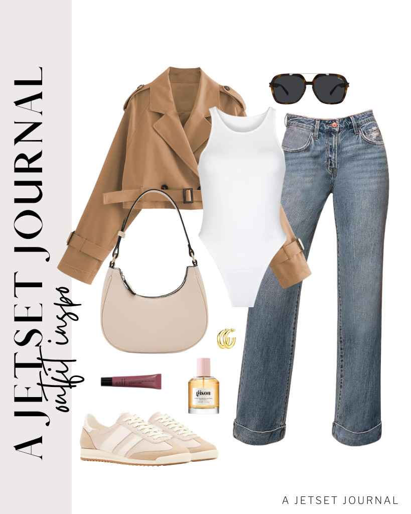 This cropped trench coat over a white bodysuit adds structure to the fit and makes it more polished when paired with high-waisted jeans and Madden Girl sneakers. Use this lip balm and spray a hair perfume to finish the look. 

 #LTKSeasonal #LTKSaleAlert #LTKTravel