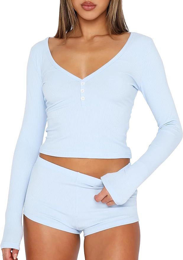 Cioatin Women 2 Piece Ribbed Knit Pajama Set Long Sleeve Button Crop Top and Shorts Lounge Sweats... | Amazon (US)